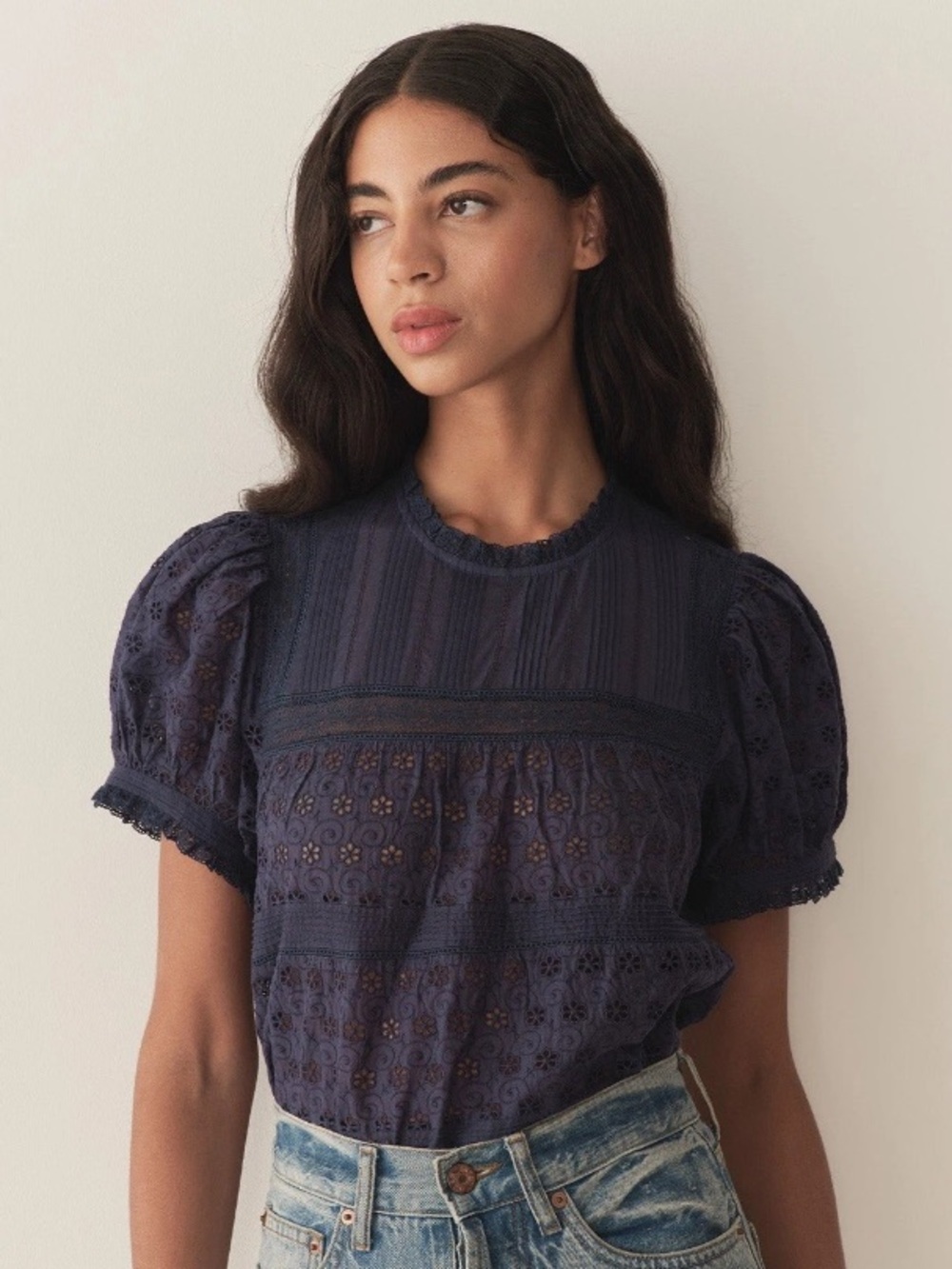Doen Adeline Eyelet Cotton Short Puff Sleeve Babydoll Top Adriatic Navy Blue
